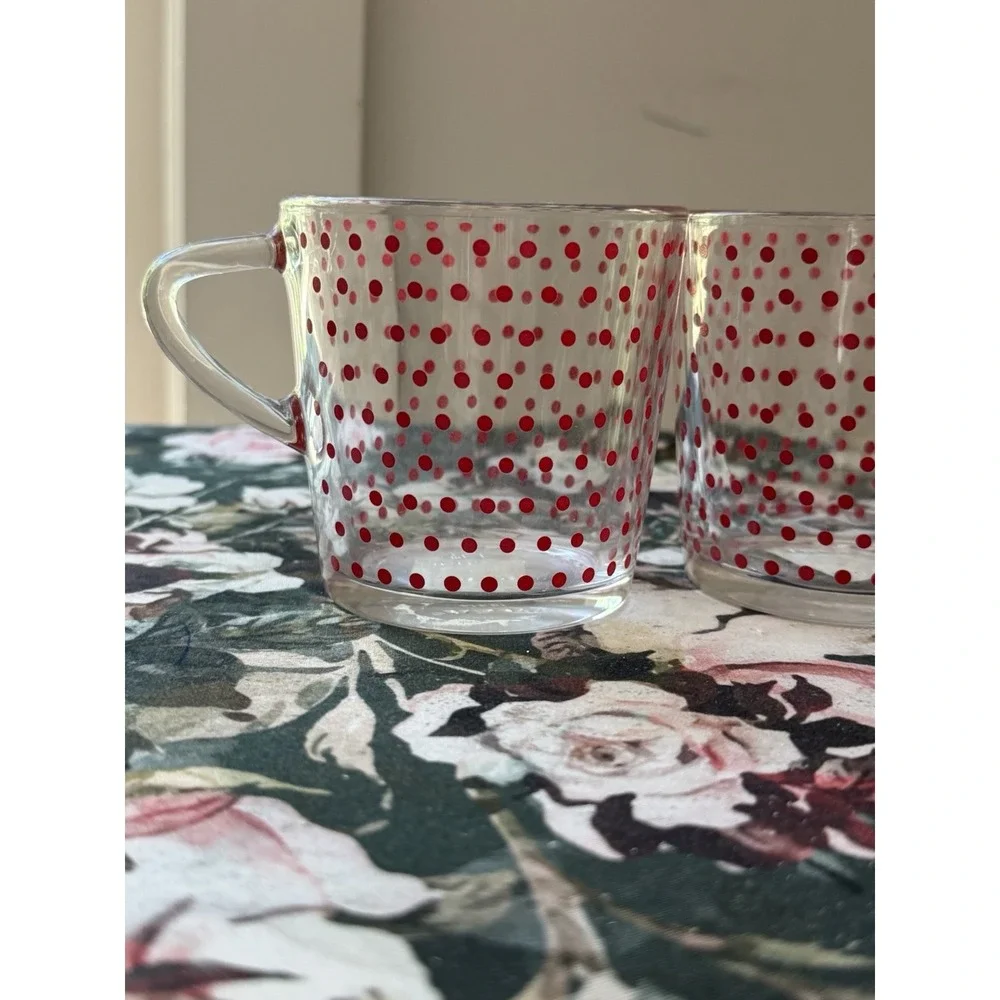 IKEA Red Polka Dot Glass Coffee Mugs 18314 Made in France Vintage Set of 4 NOS